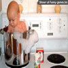 Cute infant bathing in a pot on cooker funny baby photos