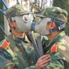 soldiers are joking with gas masks