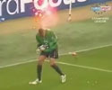 goalkeeper gets hit with firework during game.