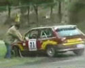 rally car nearly knocked an idiot crossing road.