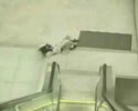 dude slides down escalator rail and hits ground