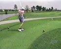 old guy hits and kills bird by ball during a golf game.