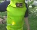 stupid kid fires bannana suit on his buddy.